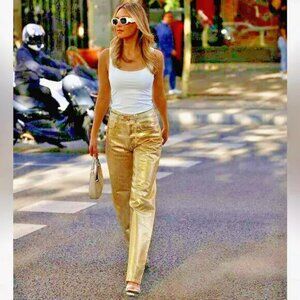 NWT ZARA GORGEOUS! BOY BOY FIT METALLIC GOLD JEANS 32 - 0- NO STRETCH!